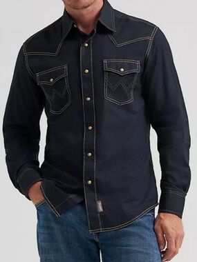 Wrangler Retro Men's Long Sleeve Western Snap Solid Dobby  Shirt Black - size L